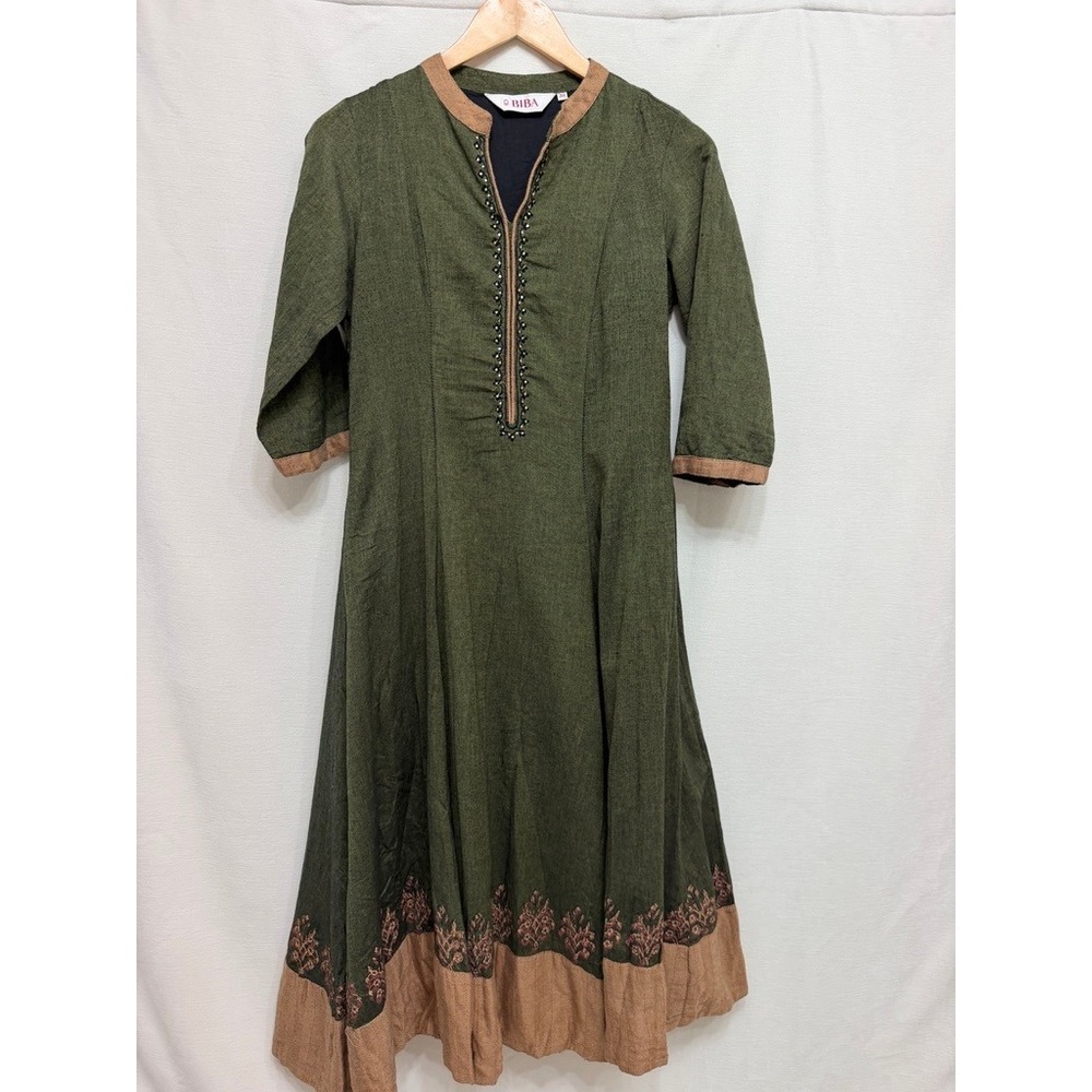 BIBA Indian Green Cotton Embroidered Anarkali Kurta Dress Size 32 XS